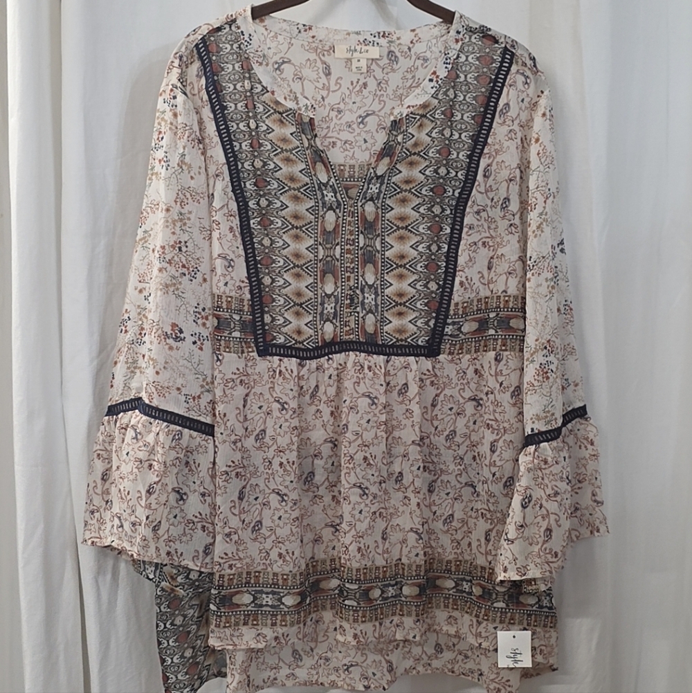Style Co 3x Floral Chiffon Georgette Beige Navy Neutral Boho Babydoll Tunic Top